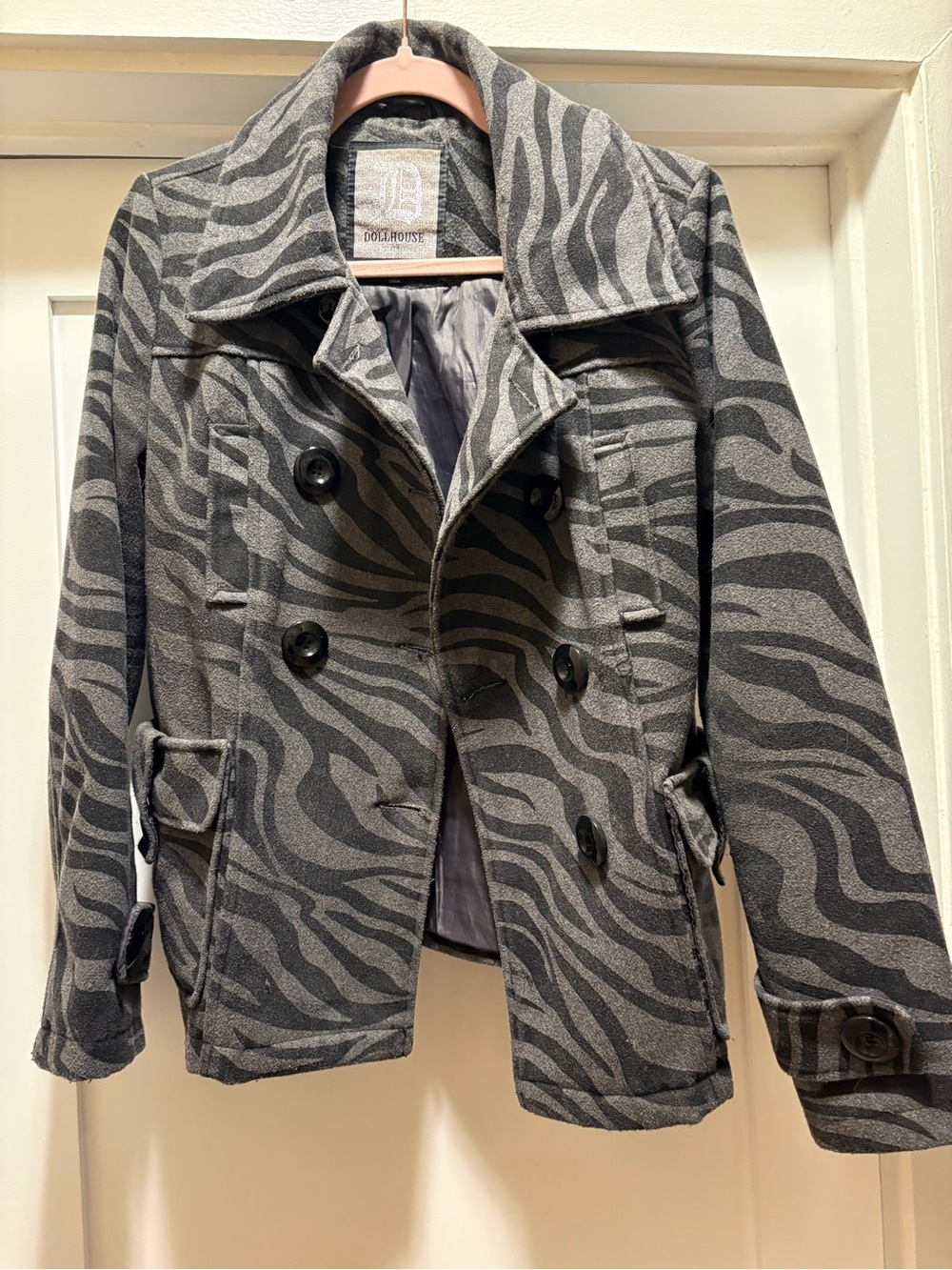 Dollhouse Gray Zebra-Print Double-Breasted Peacoat